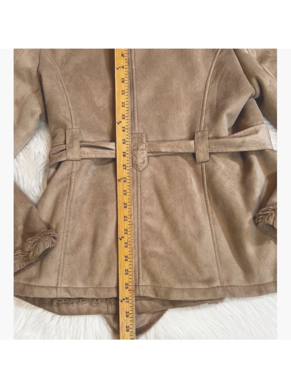 Jones New York Womens Jacket Coat XL Brown Buttons Hooded Faux Fur Trim V Neck - Picture 7 of 8